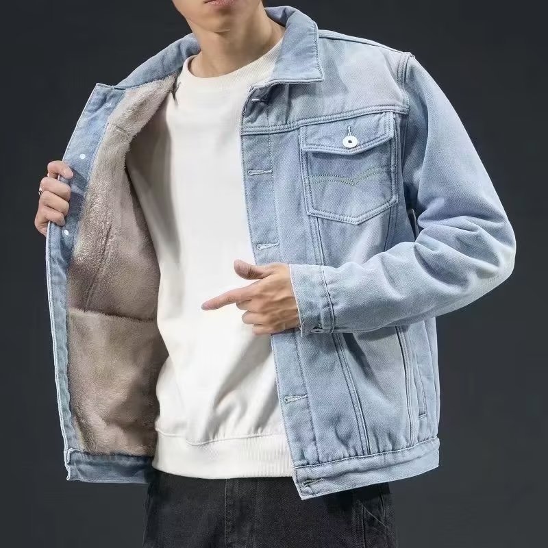 fleece-lined Thickened Denim Jacket Men's Autumn and Winter New Arrival Lambskin Men's Casual Jacket Warm Cotton Jacket