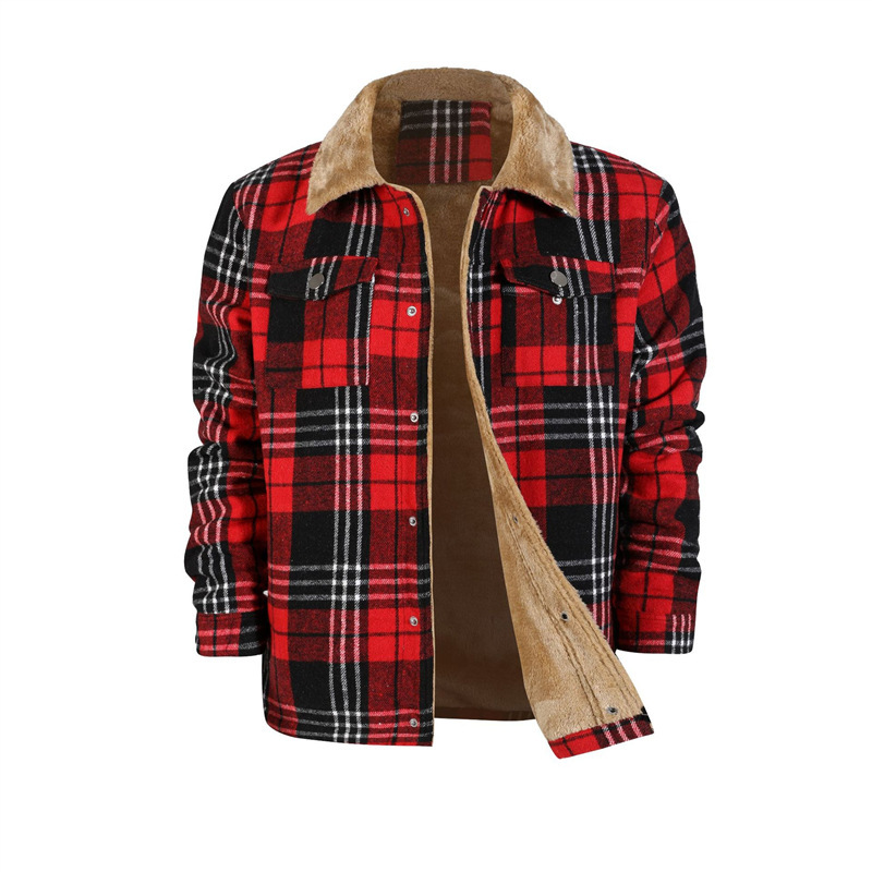 European and American Men's Plaid Jacket New Amazon Flannel Long Sleeve Laps fleece-lined Warm Loose Men's Jacket