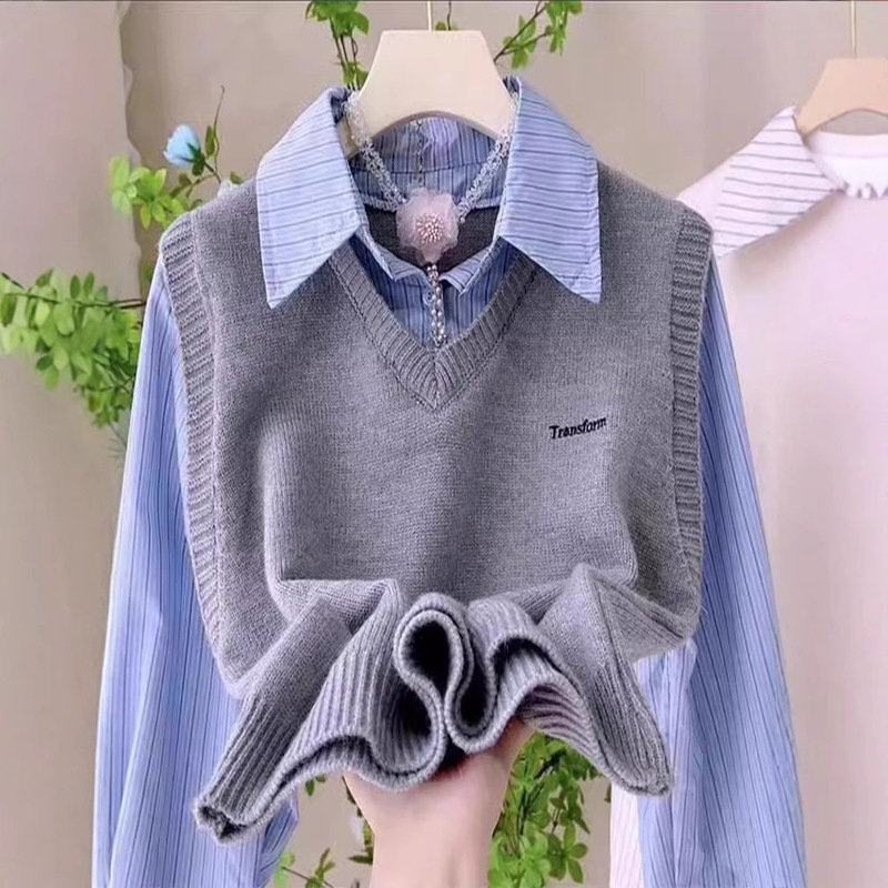 Fake Two-piece Striped Stitching Knitted Long-sleeved Shirt Women's Spring New Casual All-match College Style Stacked Top