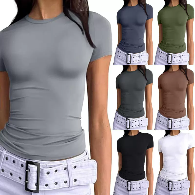 2025欧美夏季女式套头t恤辣妹外穿修身上衣时尚圆领高级感牛奶丝