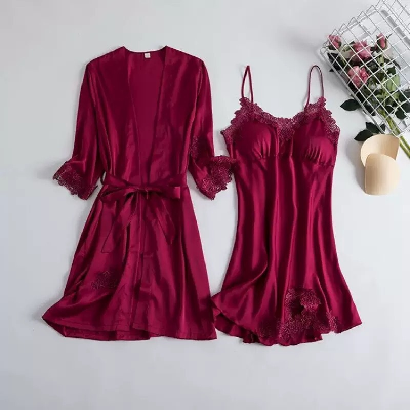 Sexy Two-Piece Pajamas, Home Clothes with Breast Pads, Suspender Lace Nightgown, European and American Sexy Bathrobe for Women, Black