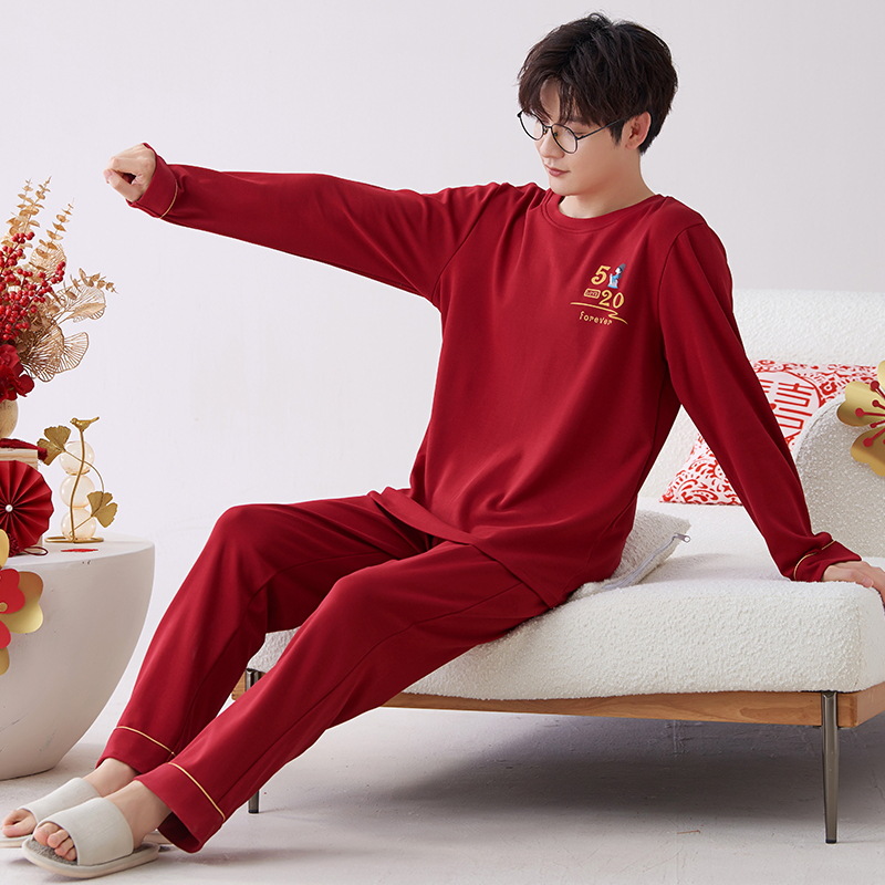Venta al por mayor de primavera y otoño pijamas de algodón puro de los hombres de la boda jersey rojo más tamaño casual ropa de abrigo ropa de casa de dos piezas conjunto