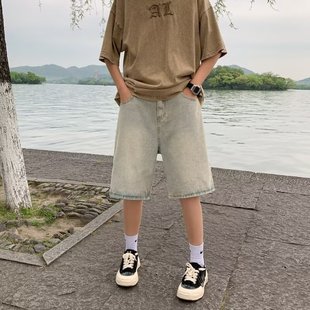 National Trendy Yellow Mud Dyed Zipper Denim Shorts Men's Summer High Street Thin Straight Barrel Loose Casual Shorts