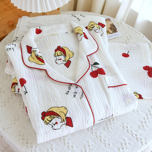 Thin home clothes suit plus size plus size long-sleeved gauze confinement clothes pure cotton pajamas cardigan 200 pounds breastfeeding