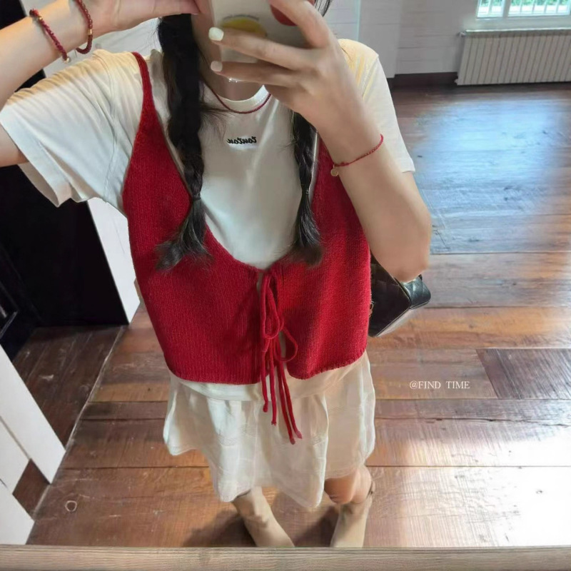 正反两穿绑带针织背心女2025秋季新款休闲吊带韩版甜美风开衫马甲|undefined