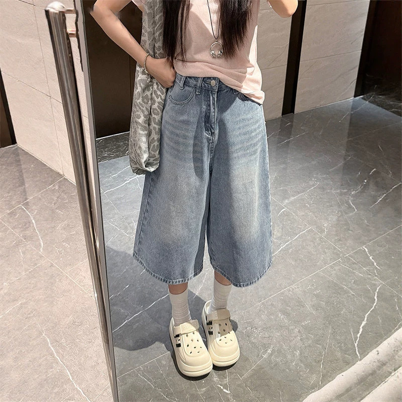 Women's high-waisted summer wide-leg cropped jeans, plus size, for pear-shaped body types, loose and slimming, straight-leg with a drapey effect Women's high-waisted summer wide-leg cropped jeans, plus size, for pear-shaped body types, loose and slimming, straight-leg with a drapey effect