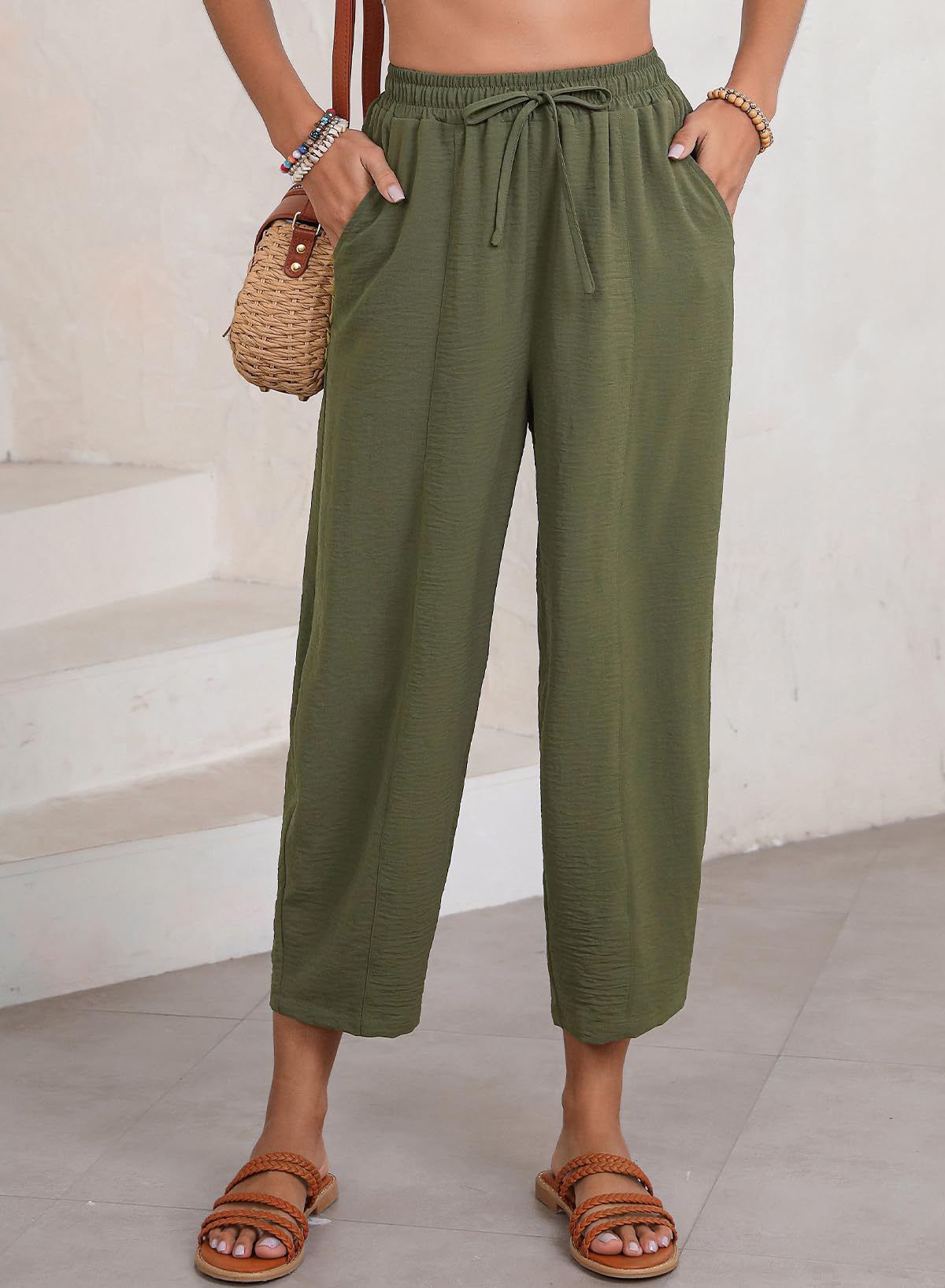 Spring Summer Pleated Women Pants Mid-waist Straight Pants Loose Casual Bloomers Causal Female Trousers Army Green Pants Women_voghion.com