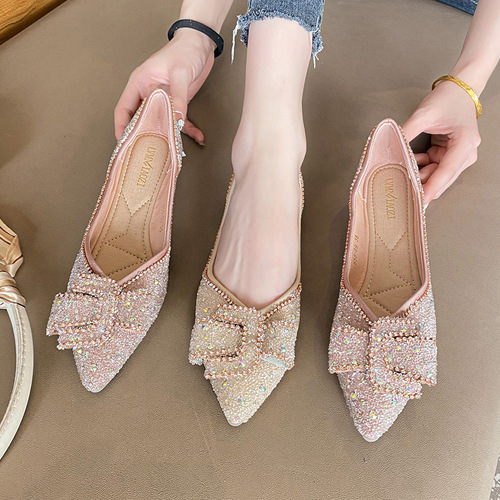 Rhinestone single shoes for women summer style flat bottom 2024 new style full diamond lady pointed toe shallow mouth scoop shoes large size women's shoes 41 to 43