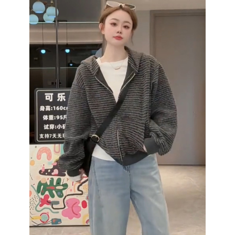 美式开衫条纹连帽拉链外套女2025秋季新款小众运动休闲宽松卫衣潮|undefined
