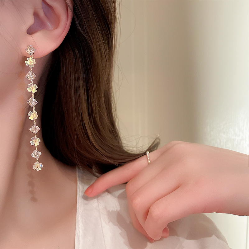 Fashion Flower Arylic Copper Earrings Tassel Zircon Copper Earrings