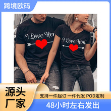 2023欧美短袖女装wish亚马逊 情侣爱心图案印花短袖T恤Round neck