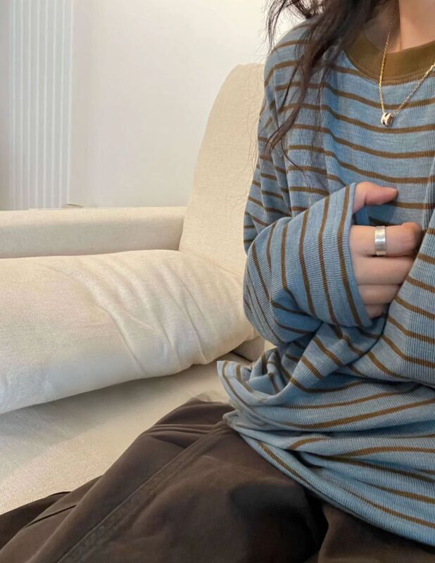 撞色条纹慵懒风针织衫女秋长袖上衣复古时尚宽松休闲柔软百搭设计|undefined