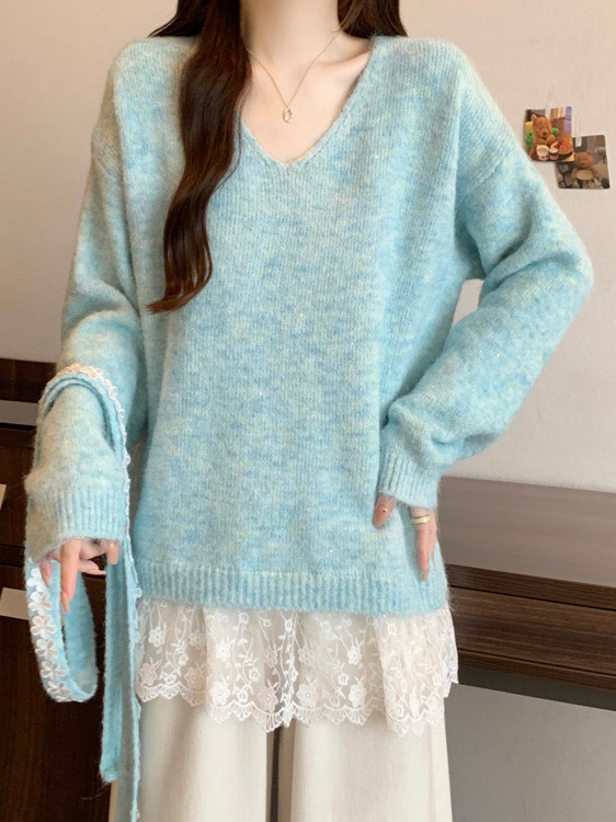 2025秋冬新款飘带蕾丝拼接V领套头毛衣女宽松甜美温柔针织衫上衣|undefined