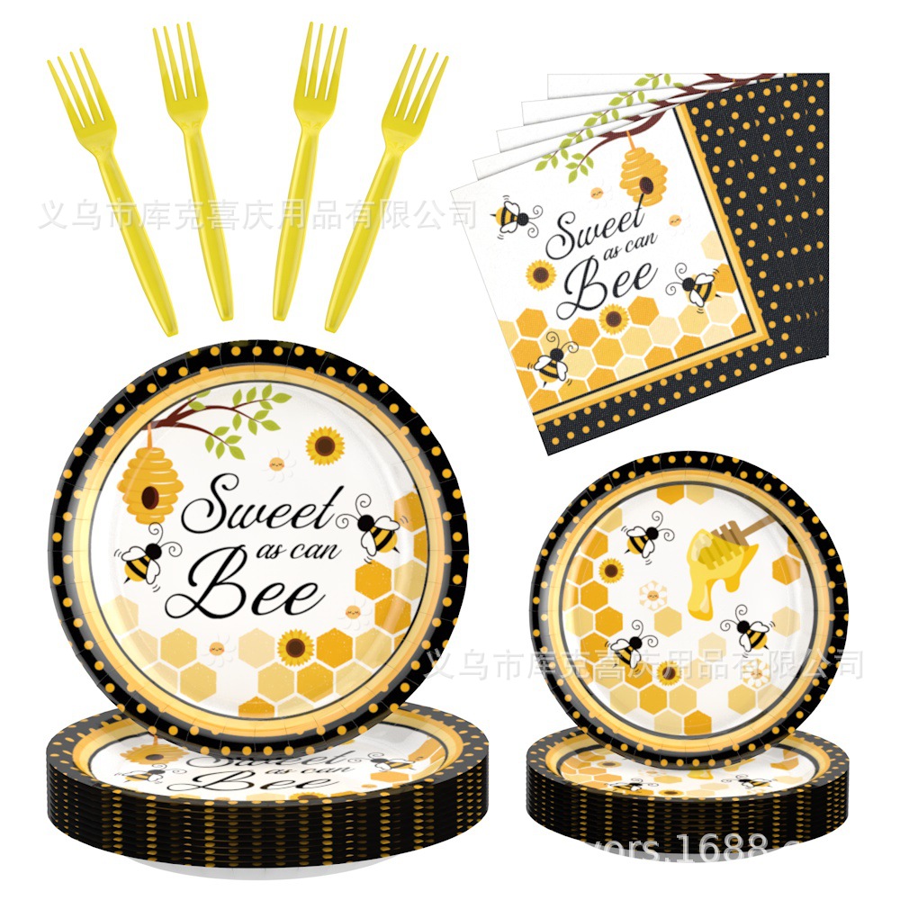 Amazon primavera abeja tema fiesta bandeja de papel desechable tazas de papel toallas de papel cubiertos set de decoración de cumpleaños para niños