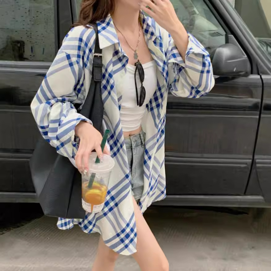 Boyfriend Style Blue Striped Sunscreen Shirt 2024 New Women's Summer Thin Shirt Cardigan Loose Top
