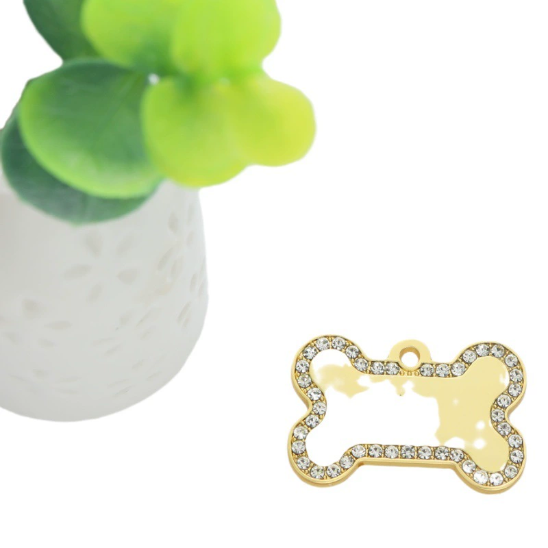 Новая металлическая бирка для собак с бриллиантом и золотой костью, лазерная бирка для собак, ошейник для домашних животных, подвеска, идентификационная бирка с защитой от потери