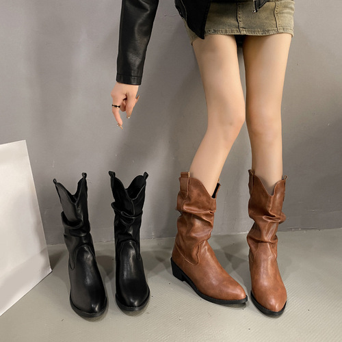 Korean-style pointed-toe, chunky heel V-neck slimming pleated stack trend women's 2024 spring and autumn plus size western cowboy riding boots