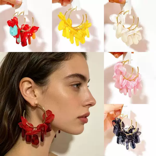 New Acrylic Pendant Flower Large Hoop Earrings with Unique Exaggerated Colorful Handmade Fabric Burnt-Edge Petal Earrings for Cross-Border Sales