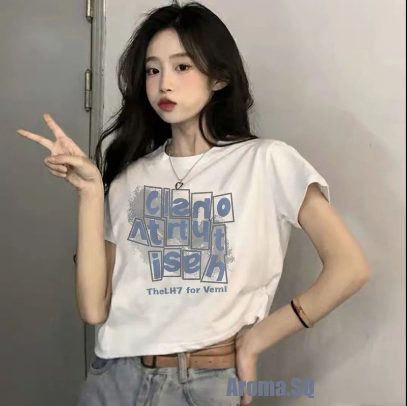 Short T-shirt Women's Summer 2024 New Base Letter Printed High Waist Navel Loose Short Sleeve Top