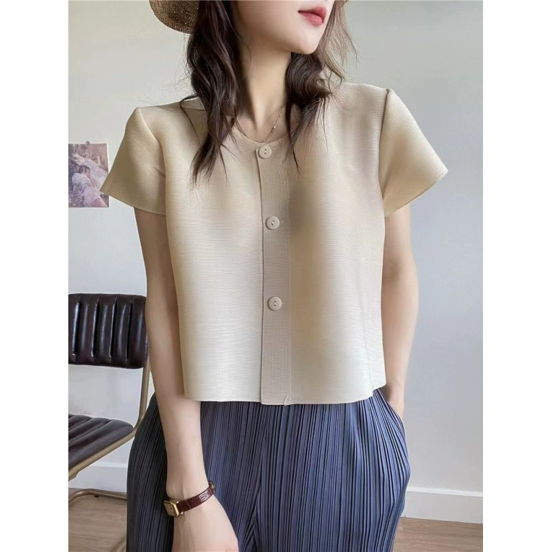 Летний короткий кардиган Miyake, плиссированный, тонкий, ультракороткий, с короткими рукавами, коллекция 2025 года.