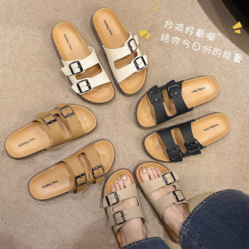 Cross-border Explosive Double Belt Birkenbone Slippers Women's Summer Outer Wear New Adjustable Slides Soft Bottom Fashionable Flat Sandals Cross-border Explosive Double Belt Birkenbone Slippers Women's Summer Outer Wear New Adjustable Slides Soft Bottom Fashionable Flat Sandals