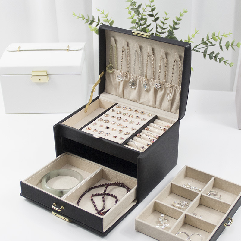 Three-Layer Satchel Jewelry Box with Lock, Double Drawer, Earrings, Earrings, Necklaces, Rings, Jewelry Storage Box, Simple and Multifunctional