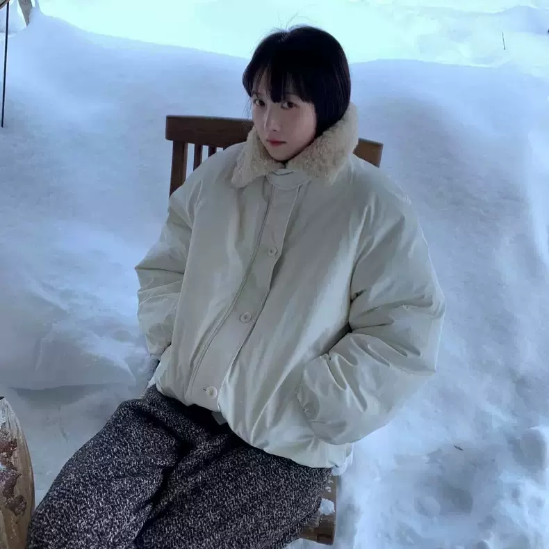 现货2026春季新款韩国东大门le*obe宽松毛毛翻领拉链夹克棉服外套