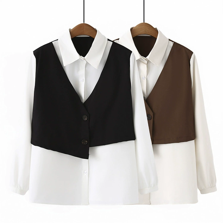 Уменьшающая возраст Модная рубашка больших размеров 2024 весна новый стиль Толстая сестра темперамент корейский стиль шить поддельная рубашка из двух частей 383