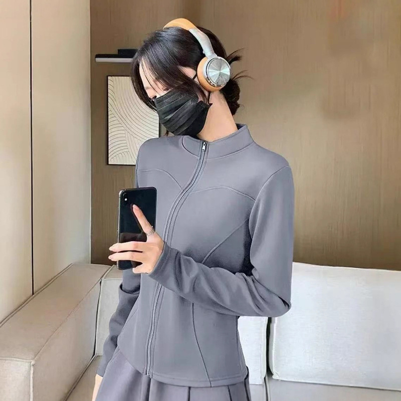加绒瑜伽外套秋冬女士立领曲线拉链长袖修身显瘦时尚运动外穿上衣|undefined