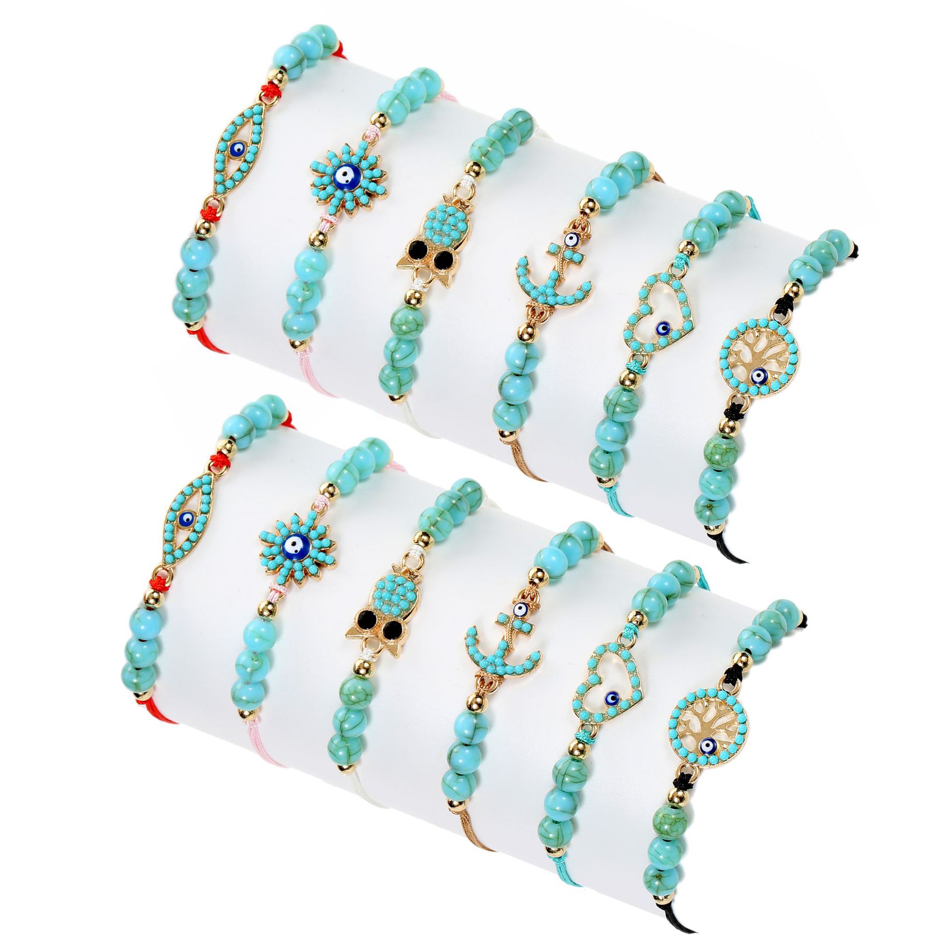 Alloy, turquoise, rope Material Bohemian Devil's Eye Heart Shape Owl Alloy Turquoise Rope Knitting Unisex Bracelets