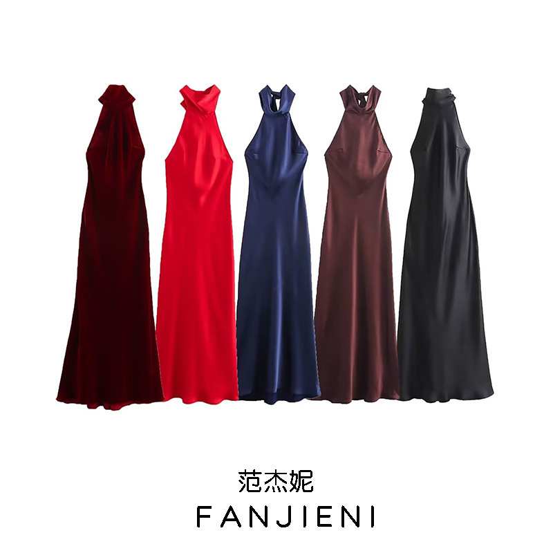 ZR Foreign Trade Wholesale European and American Style Women's Wear New Hanging Neck Collar Silk Satin Texture No Sleeve Long dress 8739331