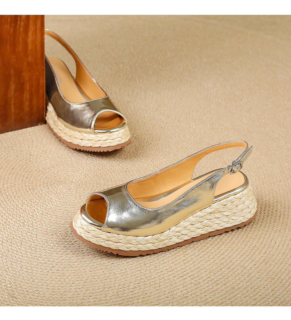 Sandal cao gót nữ mũi hở đế xuồng đan rơm — màu vàng, bạc chi tiết 14