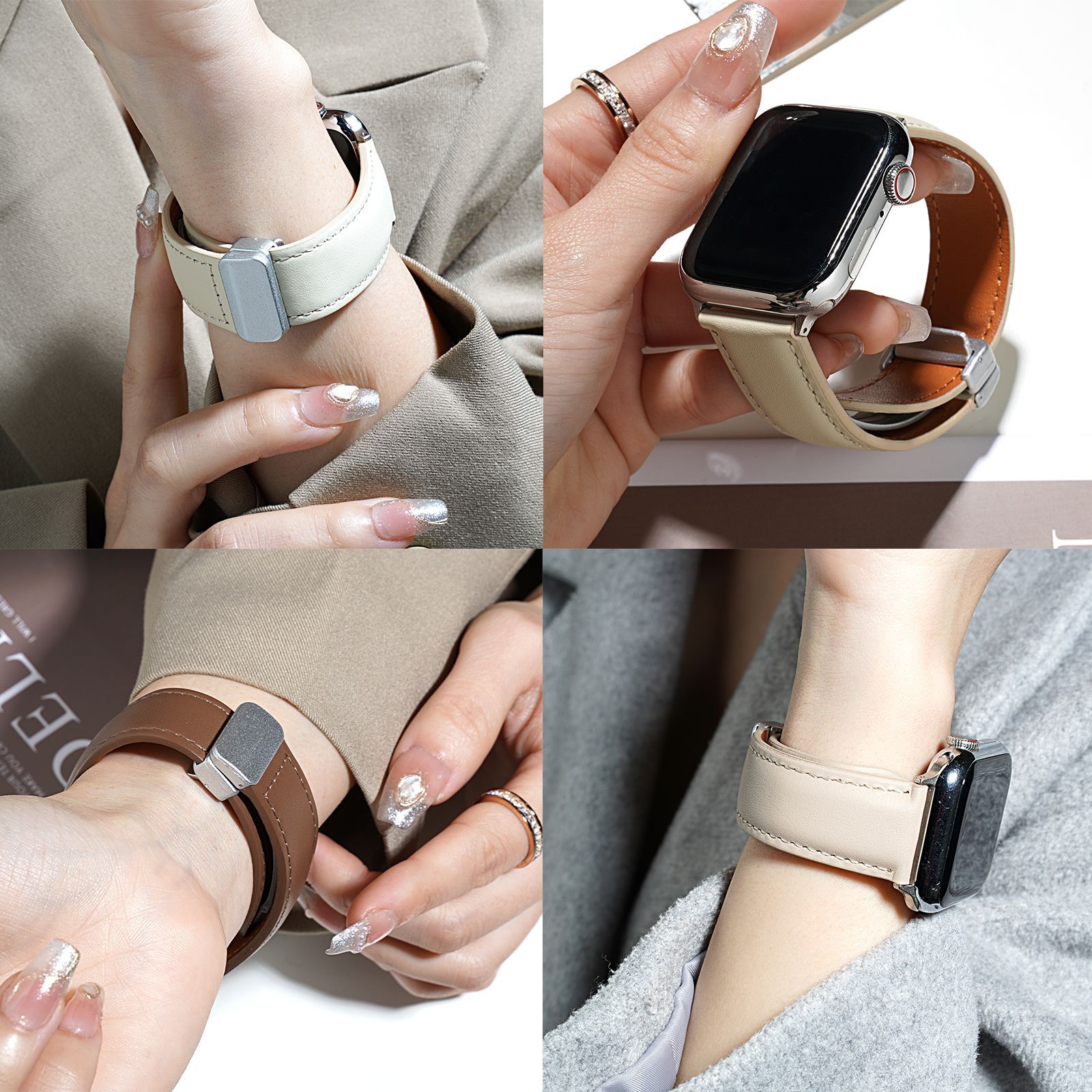 Suitable for Apple Watch 789Se First-Layer Leather Strap for Men and Women iWatch Magnetic Buckle Watch Strap