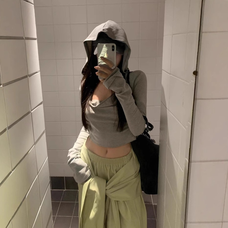 Distinctive Street Base Shirt Grey Hooded Swing Collar Long-sleeved T-shirt Women's Autumn Slim-fit Navel Short Top Rock Style