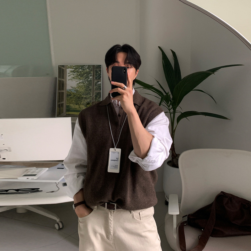 Brown British Style Polo Collar Sleeveless Knitwear Men's Autum Trendy Brand Loose Pullover Knitwear Casual Work Clothing Vest