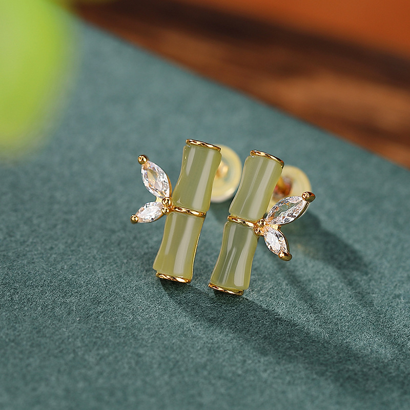 Bông tai bạc S925 mạ vàng đỏ hình lá tre phong cách hoang dã — Kiểu Sapphire