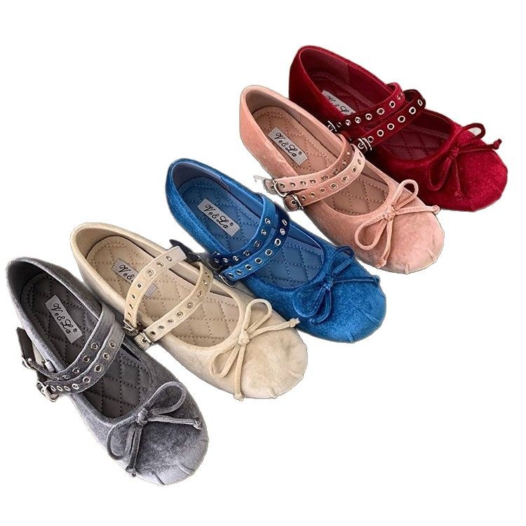 Zapatos de ballet de terciopelo de doble botón, zapatos de mujer, suela suave de noche, 2025 nuevos zapatos de arco francés, Mary Jane.