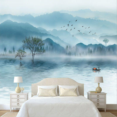 牆壁挂畫新中式山水電視背景牆禅意客廳裝飾牆紙大氣無縫壁畫牆布