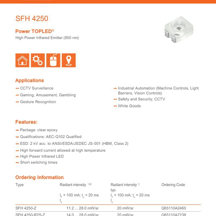 OSRAM 欧司朗 红外发射器-UV发射器 大功率 SFH 4250-Z全新原装