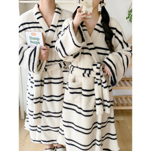 2025 情侣睡袍加厚毛毛浴袍长款条纹家居服睡袍