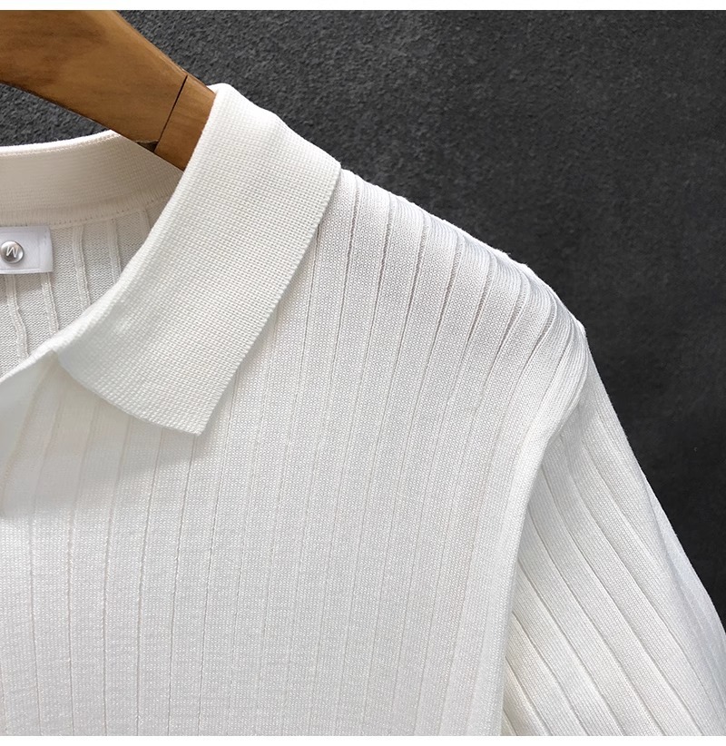 Herren Polohemd Gestrickt Gestreift Eisseide Kurzarm V-ausschnitt_voghion.com