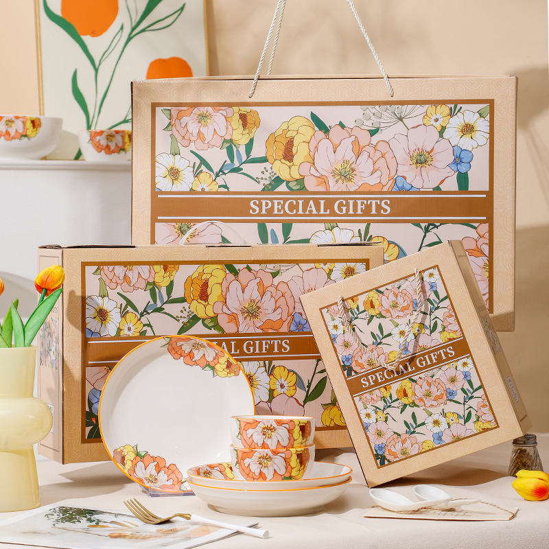 高档陶瓷碗盘蝶套装礼品餐具礼盒装公司活动开业礼品碗筷勺套装