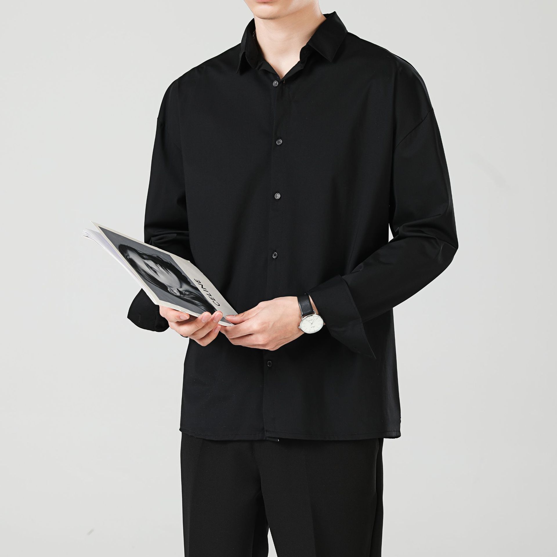 Camisa casual de manga larga para hombre ins camisa suelta de alto grado para hombre Ruan guapo drapeado color sólido más tamaño-pulgadas camisa para hombre