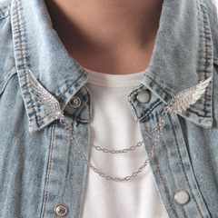 Euro-American Fashion Wing-Shaped Rhinestone Brooch with Chain & Tassel — Collar Pin for Tops, Trendy Collar Chain for Unisex Clothing, Badge L16
