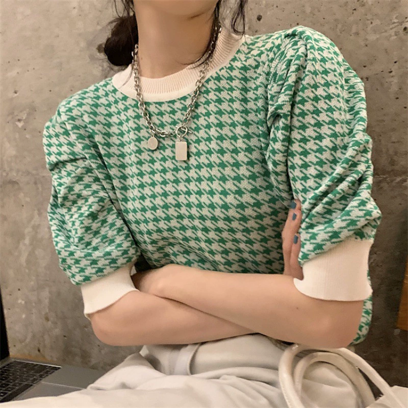 Элегантный Плед Пузырь Короткий Рукав Ледяной Шелк Вязать Яркий Цвет Мода Короткий Топ