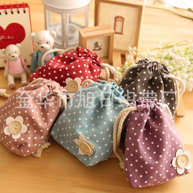 创意家居 清新可爱波点棉麻小花束口袋 糖果色收纳袋