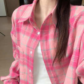 夏季新款宽松百搭粉色格子长袖衬衫夏季防晒上衣外套女