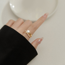 s925银镂空线条戒指女日韩版珍珠微镶甜美开口手饰品J9379