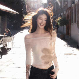 韩系网纱印花一字肩长袖t恤女夏季防晒罩衫辣妹短款露脐修身上衣