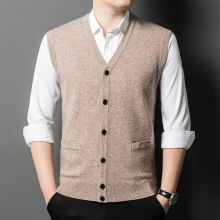 秋冬男士纯羊毛开衫加厚保暖针织衫无袖背心v领高档爸爸装毛衣男
